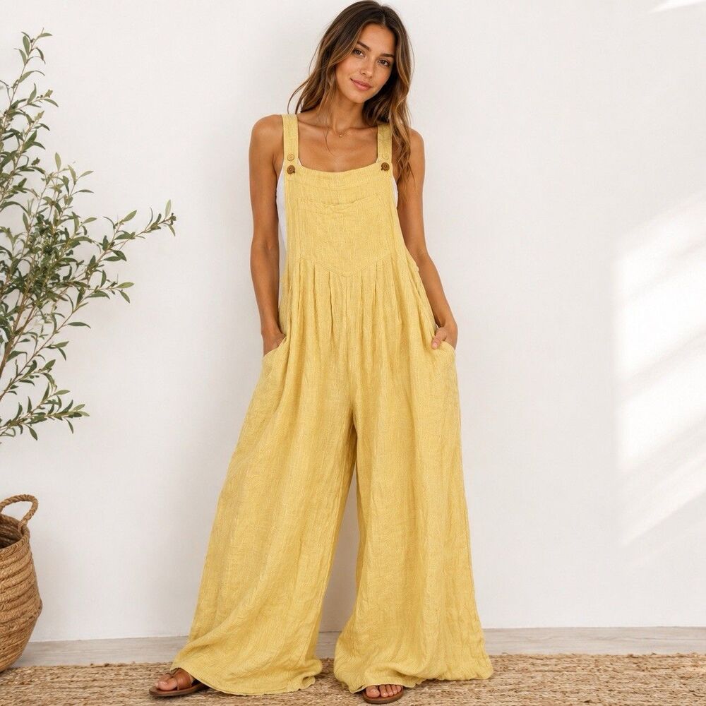 Free People Sun Drenched Overalls Large Yellow Cotton Wide Leg Relaxed Boho - Picture 1 of 16